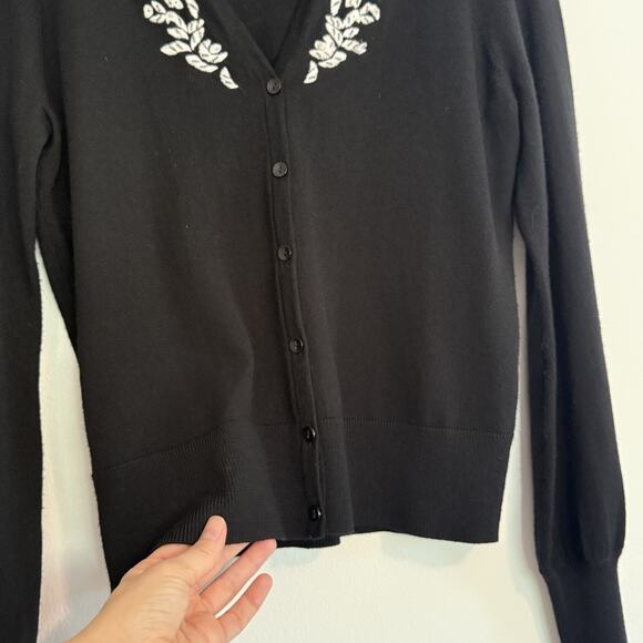 Merino Wool Cardigan Women - Black with Floral Embroidery Halogen SZ Med - Picture 4 of 10